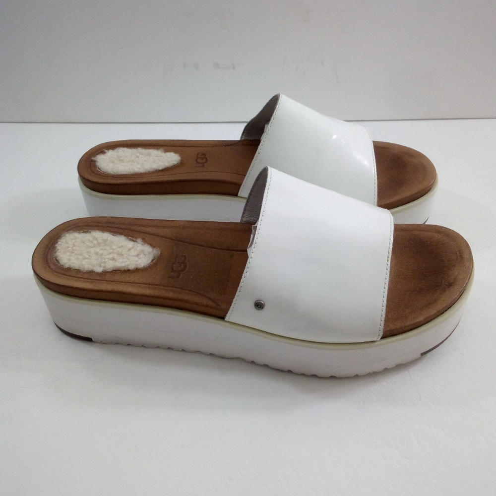 UGG Leanna Women 9 Treadlite Wool Leather White Platform Slides 1015265